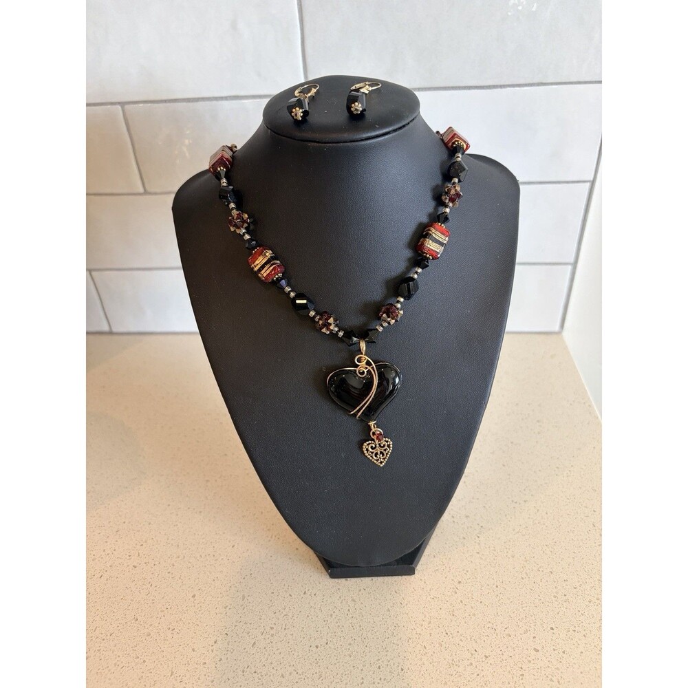 VTG 14K GOLD GE MURANO ART GLASS RED HEART GOLD STRIPE PENDANT NECKLACE EARRINGS